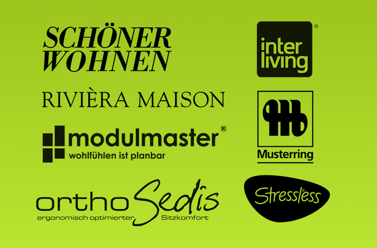 Logos der Möbelmarken von Möbel Janz: SCHÖNER WOHNEN, RIVIÈRA MAISON, modulmaster, interliving, Musterring, orthoSedis, Stressless.