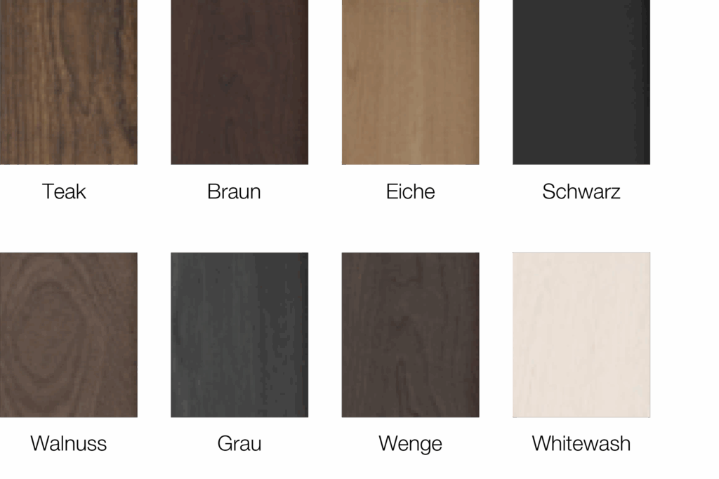 Übersicht der bei Stressless verfügbaren Holzarten: Teak, Braun, Eiche, Schwarz, Walnuss, Grau, Wenge und Whitewash.